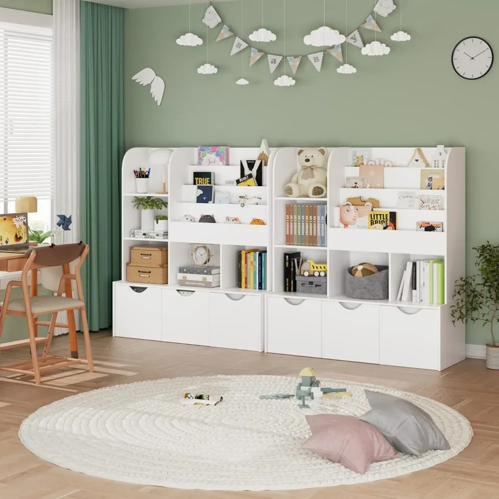 47'' Kids Bookcase and Bookshelf, Multifunctional Bookcase with 5 Storage Cubbies and 3 Movable Drawers,Toy Storage Organizer