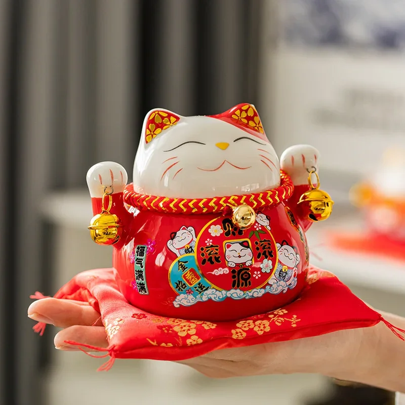 10 Inch Lucky Cat Ceramic Piggy Bank Japan Happy Cat Ornaments Porcelain Accessories Shop Open Gift Coin Storage Home Decoration