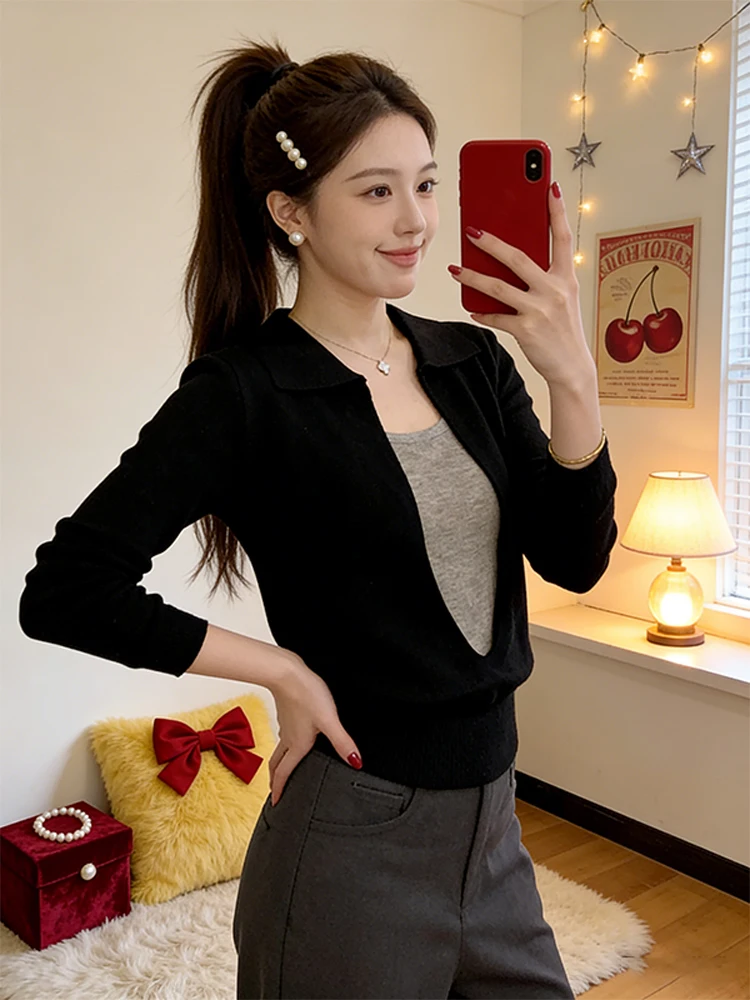 

Вязаный свитер Ele irt для женщин: модный топ с воротником и цветными блоками, весна-осень, высококачественный, до плеч