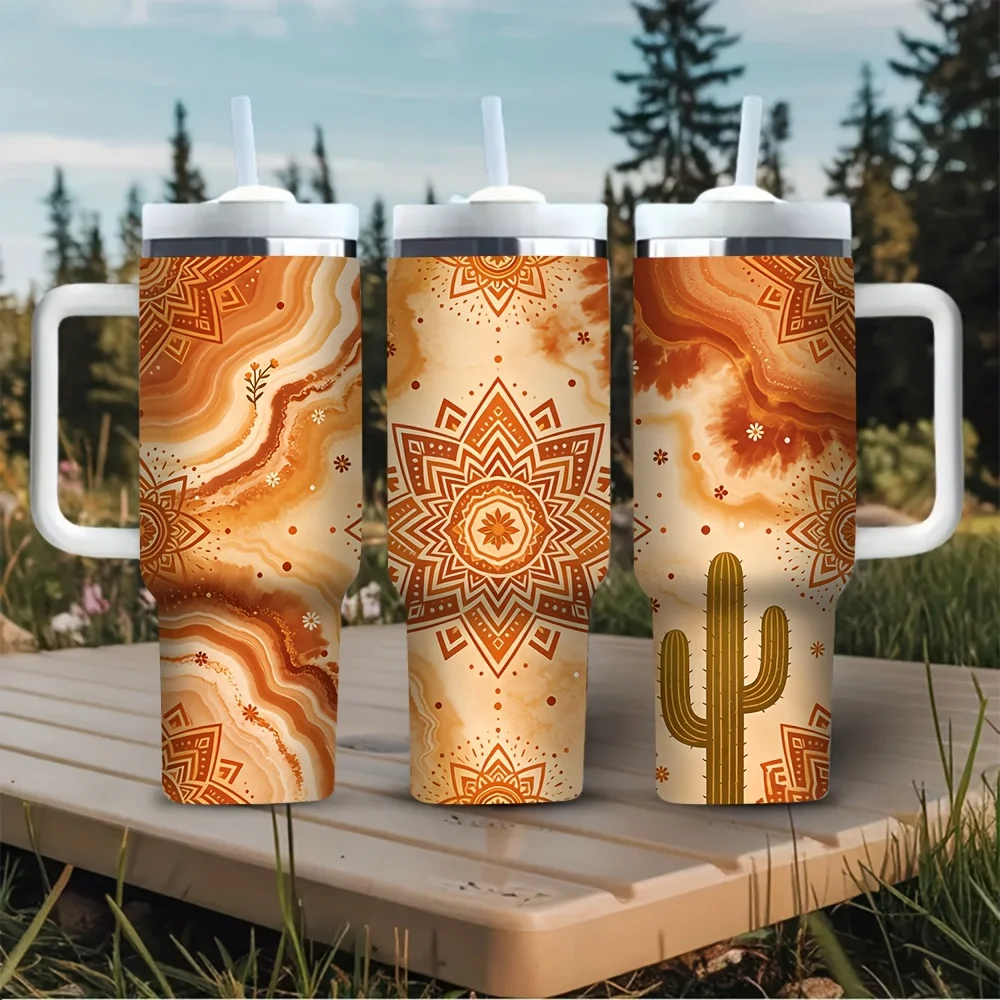 40oz Tumbler with Handle, Vintage Western Desert Cactus Mandala Print, Suitable for Outdoor Enthusiasts and Travel Lovers, Fits Both Hot and Cold Drinks, Perfect for Camping, Hiking, Daily Commuting and Outdoor Activities