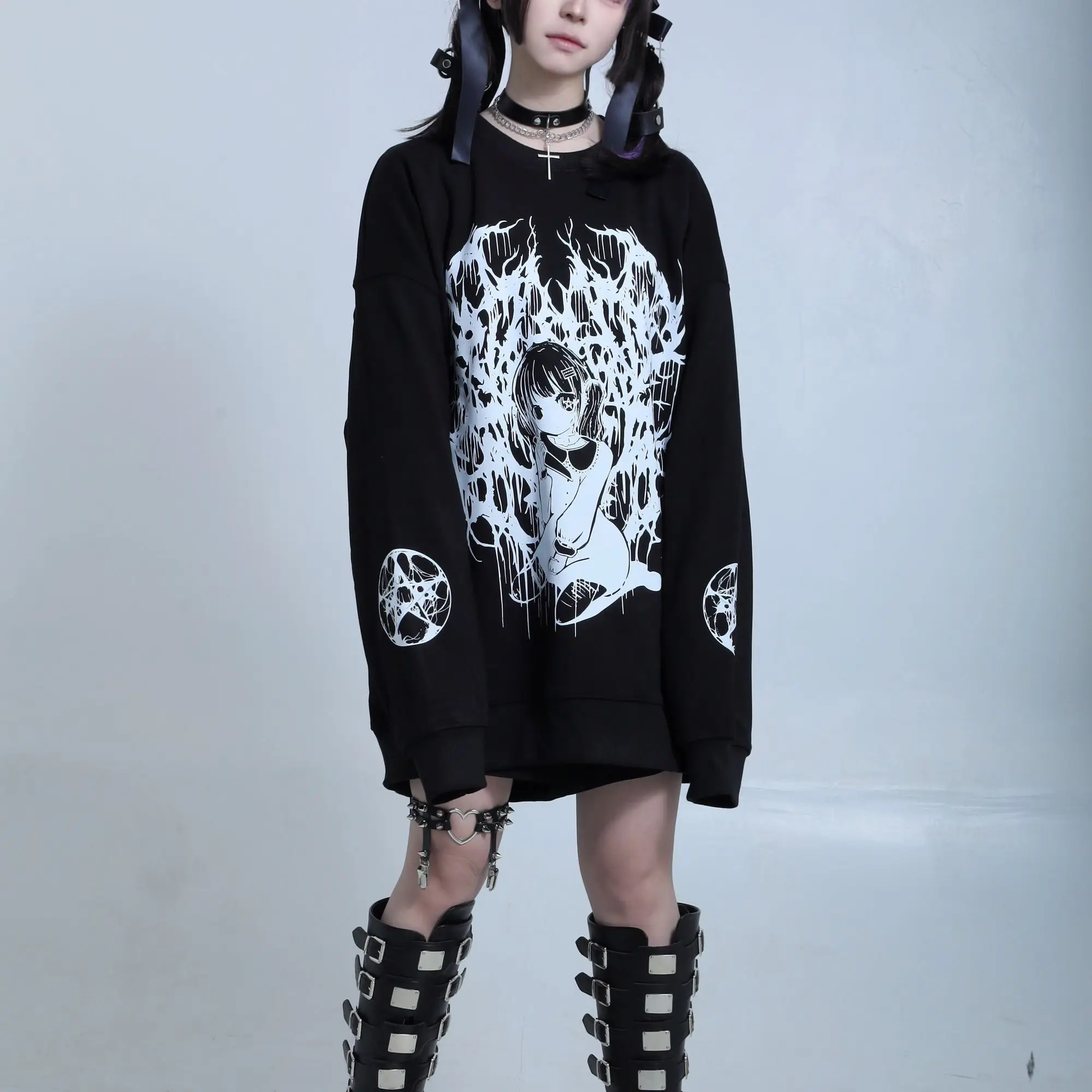 Y2K Aesthetic Autumn Cotton Long-sleeve T-shirt Women Japanese Black Cartoon Vintage Top Harajuku Punk Street Style Hoodie Girl