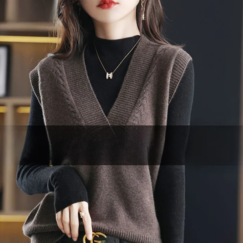 

Женский вязаный жилет свободного кроя: новинка весна-осень, ретро-стиль, модная верхняя одежда, V-образный вырез, однотонный, для повседневной носки, женская куртка
