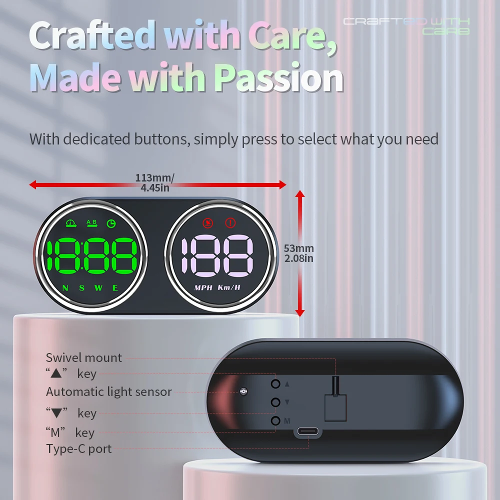 WiiYii Automatic Light-sensing G28 Dual-Screen GPS USB-C Colorful HUD with Ambient Light Driving Mileage, Speed, Time,Compass