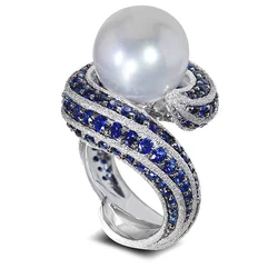 Huitan Newly-Designed Luxury Party Ring for Women Gorgeous Bright Blue CZ Jewelry Simulated Pearl Accessories for Anniversary