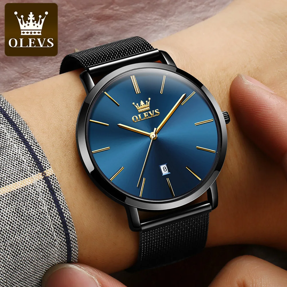 OLEVS 5869 Ultra Thin 6.5mm Quartz Watch for Men Mesh Steel Strap Waterproof Watch Auto Date Fashion Minimalist Men\'s Wristwatch