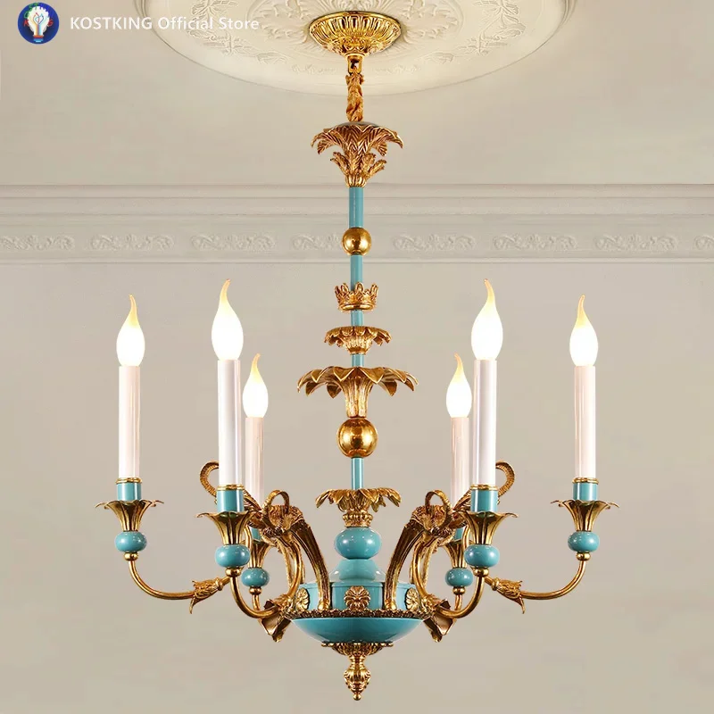 

French Pastoral Brass Ceramic Chandelier Home Deco Living Room Hotel Pendant Lamp European Vintage Candle Copper Light