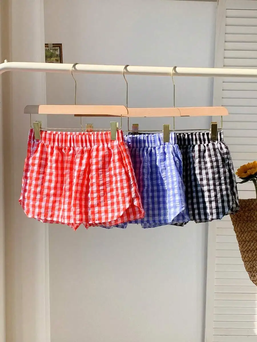 

Womens Plaid Elastic Waist Loose Casual Shorts