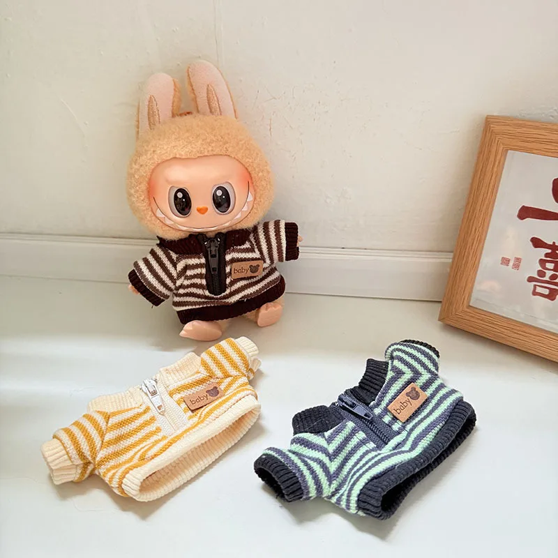 

Casual Homewear For Labubu Dolls Of 1st 2nd 3rd Gen 15/17cm Baby Bear Knitted Sweater Striped Zipper Top With Denim