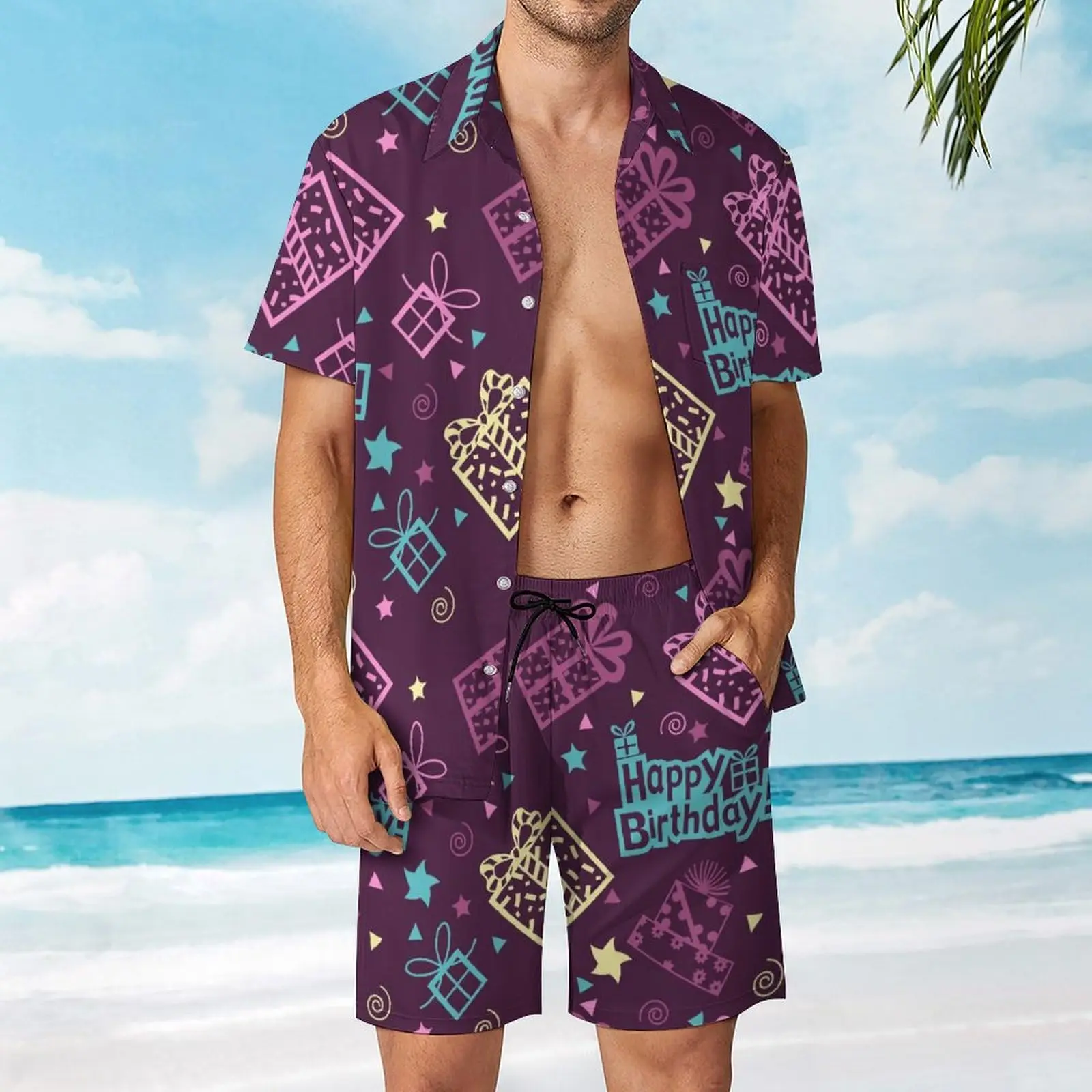 

Lrregular Geometric Print Men's shirt And Shorts Two-piece Casual Vacation Men's shirt Set Short-sleeved Button-down Shirt Set