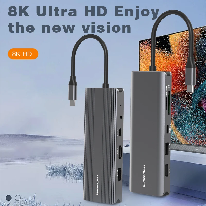 

Blueendless10 в 1 Порты Тип C адаптер 4K120Hz двойной экран 100W DP порт Тип C Передача данных USB 3,0 SD ридер наушники носок