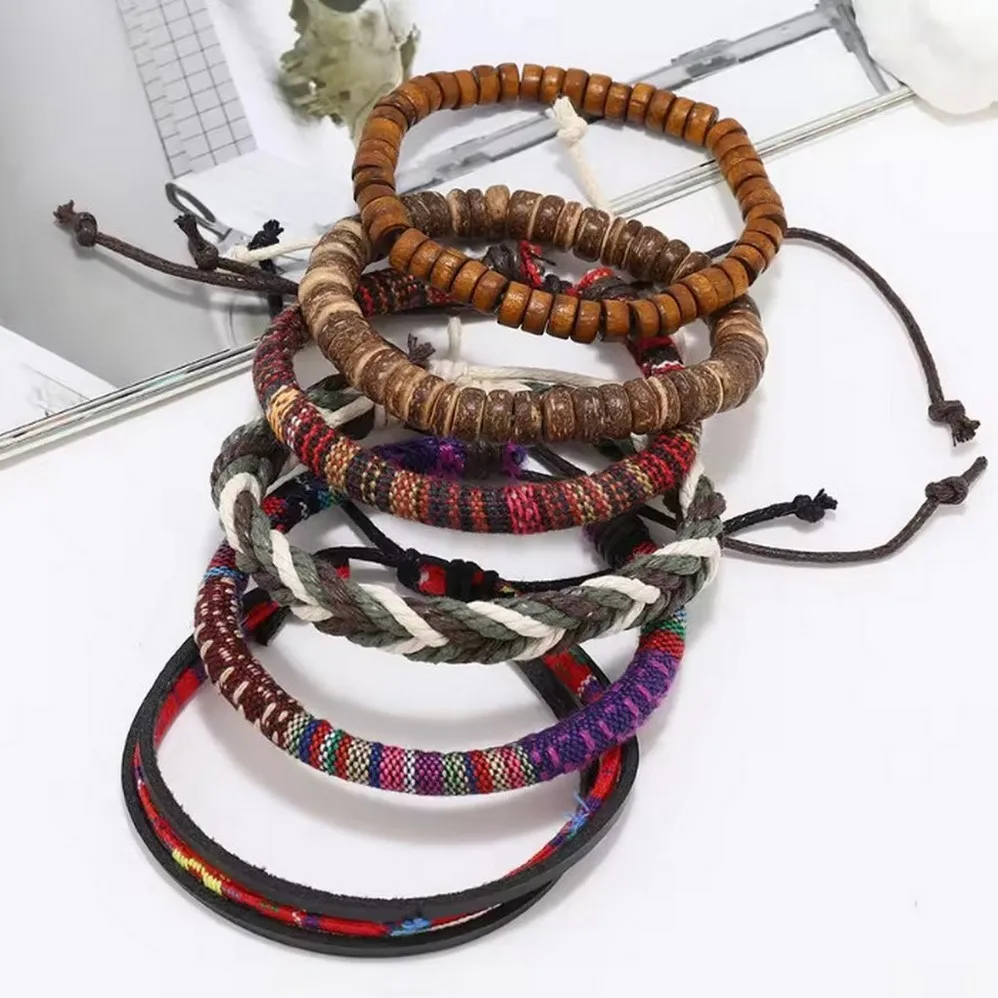 6-قطعة/المجموعة سوار البوهيمي المنسوجة يدويا سوار حبل العرقية نمط ملون خشبي حبة سوار للنساء الرجال للجنسين مجوهرات جديد #4