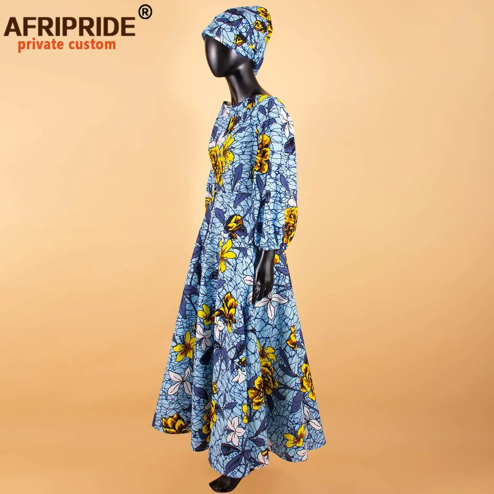 African Maxi Dress for Women Long-sleeves Ankle-length Party Long Dress Plus Size with A Small Headscarf AFRIPRIDE A722559