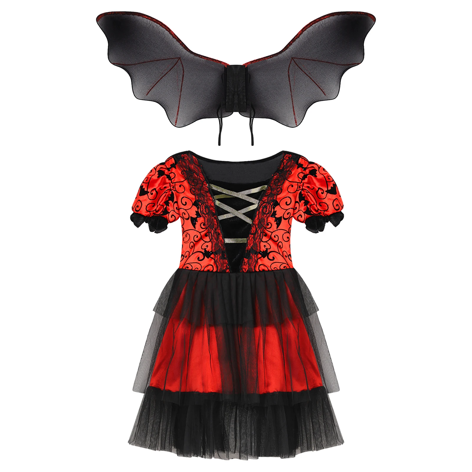 Kids Girls Halloween Cosplay Witch Vampire Role Play Performance Costume Lace-up Bat Print Mesh Dress with Wings Accessory Prop