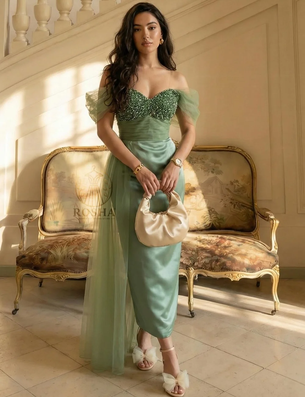 

Customized Intricate Charmeuse Pleat Sequined Straight Off-the-shoulder Midi Bespoke Occasion Prom Dresses Formal