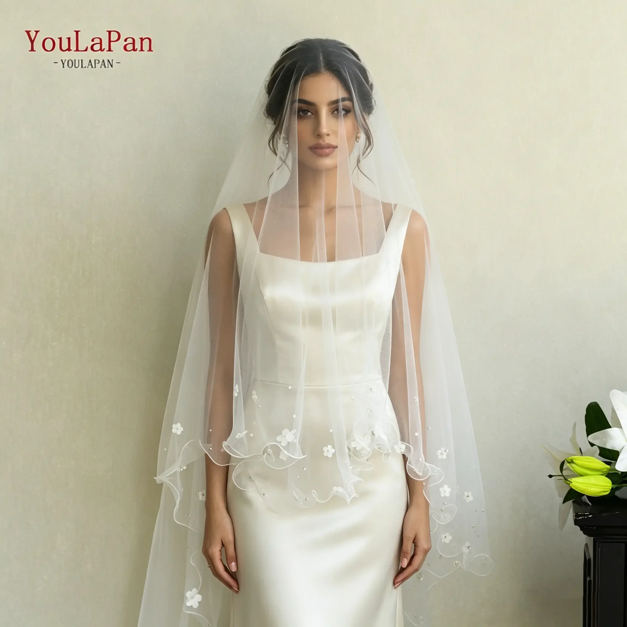 

Свадебная фата TOPQUEEN 3D с цветами, фата-вуаль для лица, фата-вуаль для церкви, настраиваемая, V217a