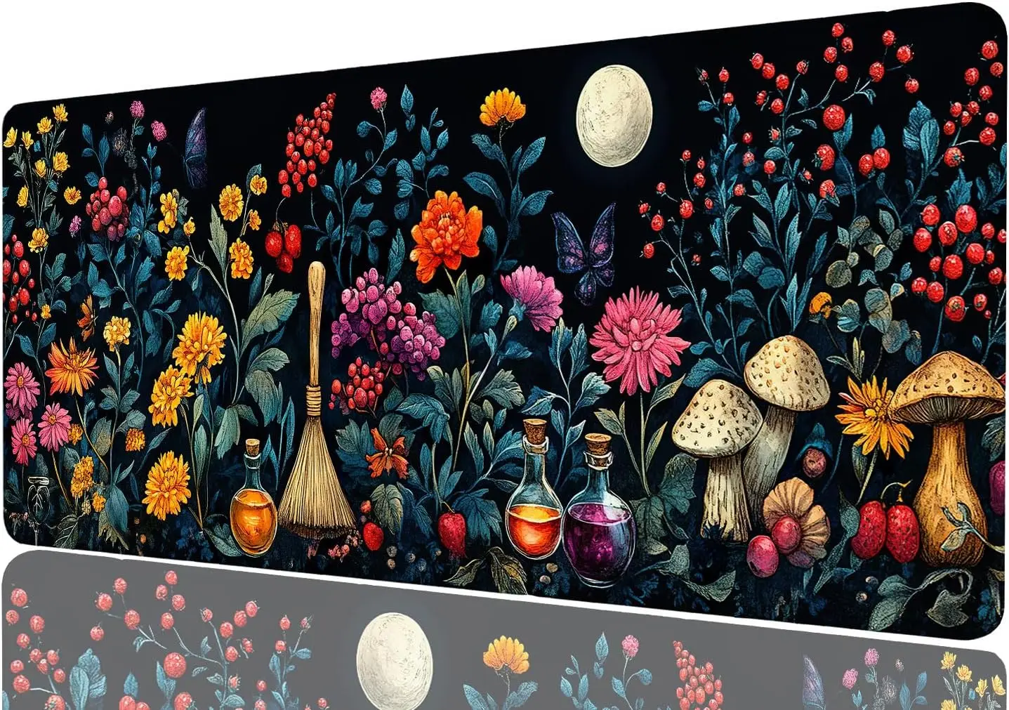 Mystic Witch Garden Mouse Pad, Moon Mushroom Flower Potion Scene Pattern Non Slip Desk Mat for Gamers Office Home Keyboard Decor