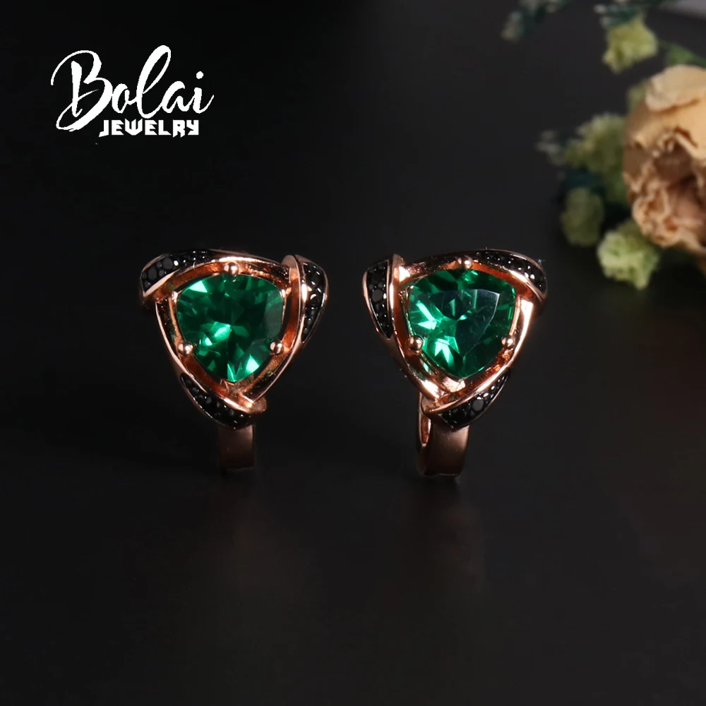 925 sterling silver earrings 2.20ct created Triangle 7.0mm emerald Nano fine jewelry for women's wedding and party wear view 2