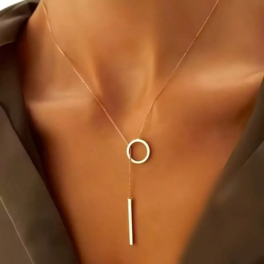 

Tone Circle Bar Y-Necklace for Women, Minimalist Lariat Pendant Choker, Daily & Fashion Jewelry ﻿