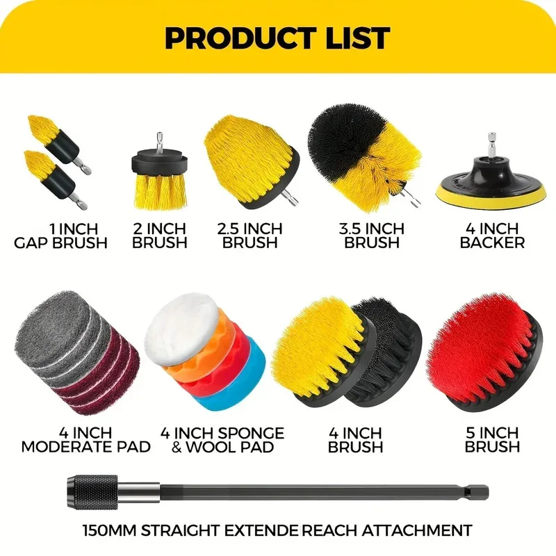 ชุดแปรงขัดเจาะ 7 ชิ้น, ชุดเครื่องมือแปรงทำความสะอาด, แปรงขัดเจาะอเนกประสงค์พร้อมด้ามต่อสำหรับพื้น, ยานยนต์