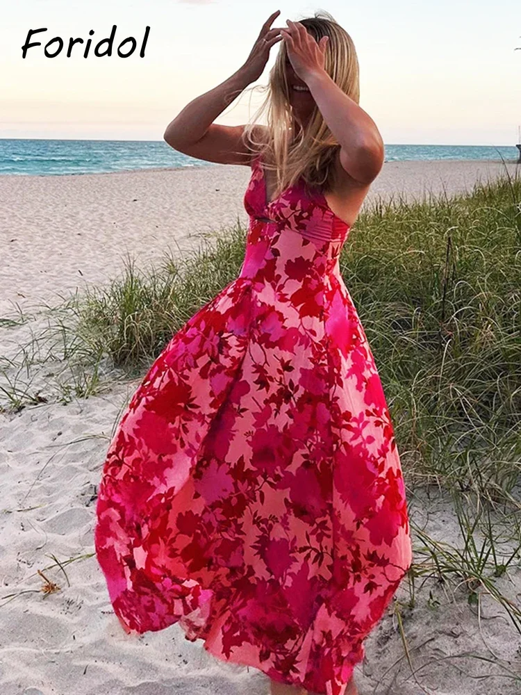 Spaghetti Strap Backless Rayon Women Red Dress Cotton Sleeveless Floral Maxi Dress Hollow Out A-line Long Boho Beach Dress 2024