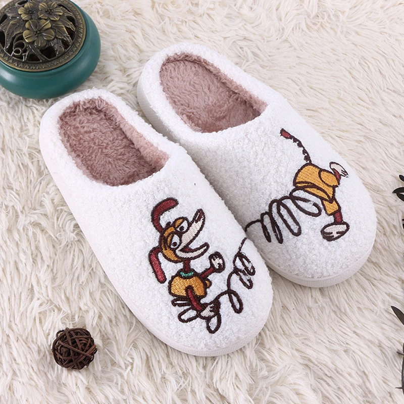 Cartoon Dog Fluffy Women Slippers Home Winter Casual Designer Shoes Girls Cute Warm Indoor Fuzzy Fur Slides Soft Non-Slip Unisex