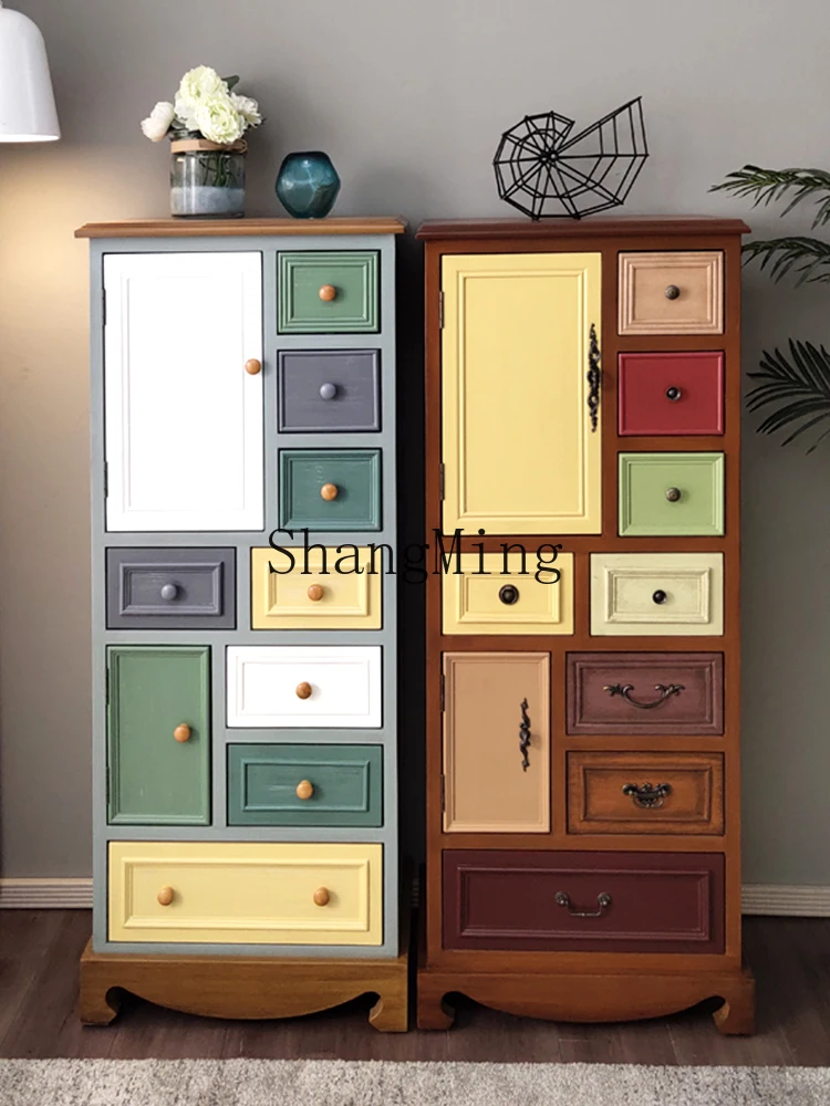 

CL solid wood chest living room bedroom storage Mediterranean style drawer storage chest of drawers eight bucket side cabinet