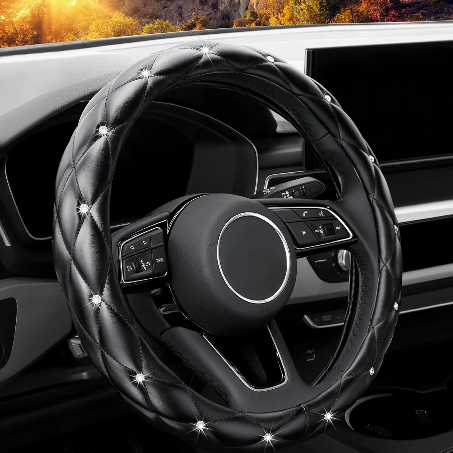 

Diamond Soft Leather Anti-Slip Steering Wheel Cover with Crystal Rhinestones, Universal 15 Inch for Women Girls - Black