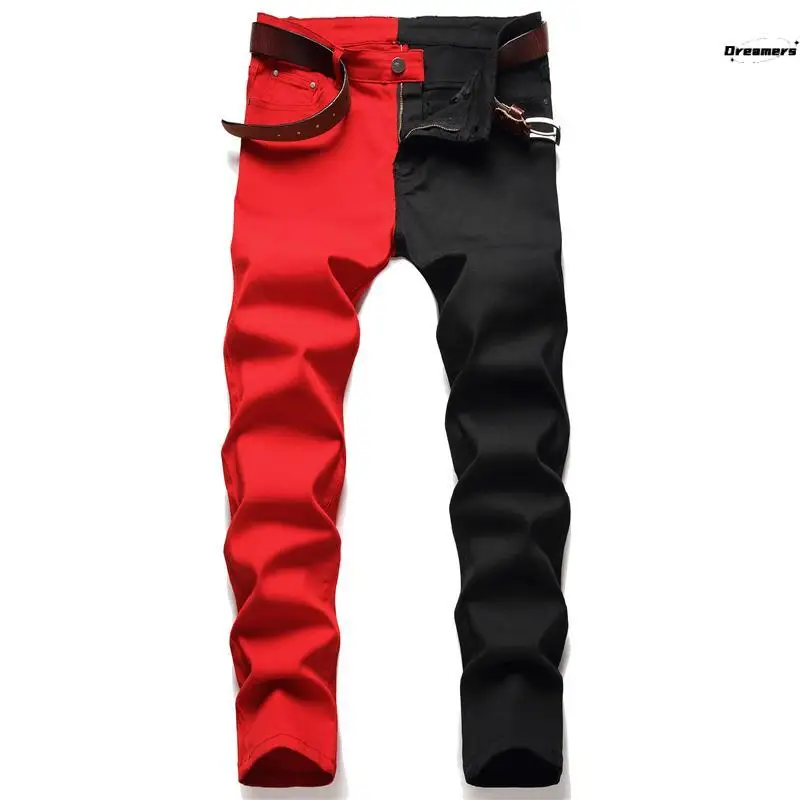 Spring Autumn Elastic Men's Denim Pants Casual Contrast Color Personality Vintage Style Long Trousers Comfortable Home Wear