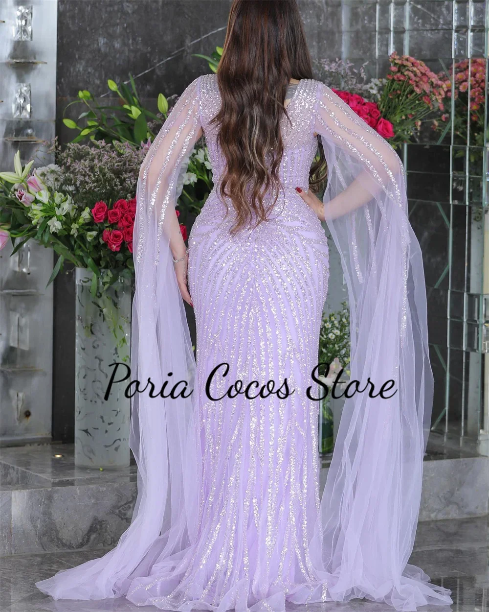 Customized Sparkling Beaded Sequins Mermaid Tulle Prom Dresses for Women Long Flutter Sleeves Zipper Back Bride Evening Gowns