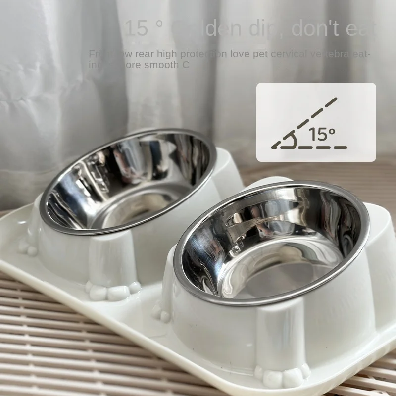 Cat Bowl Double Bowl Dog Food Bowl Stainless Steel Anti-knock Rice Bowl Drinking Water Feeding Bowl Oblique Food Pet Supplies