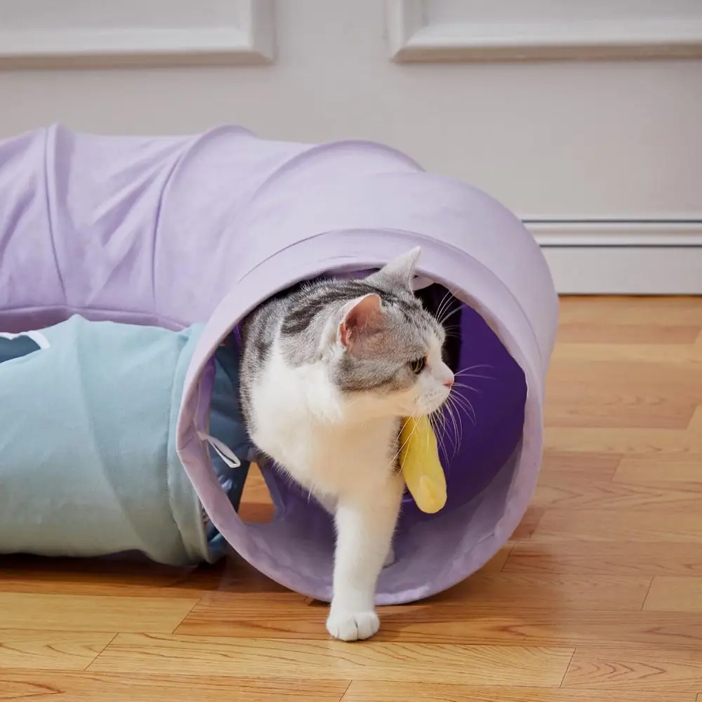 Large Indoor Durable Collapsible Interactive Cat Tunnel with Peek-A-Boo Hole, Hanging Toys, and Crinkly Paper Lining - Cute Tunn