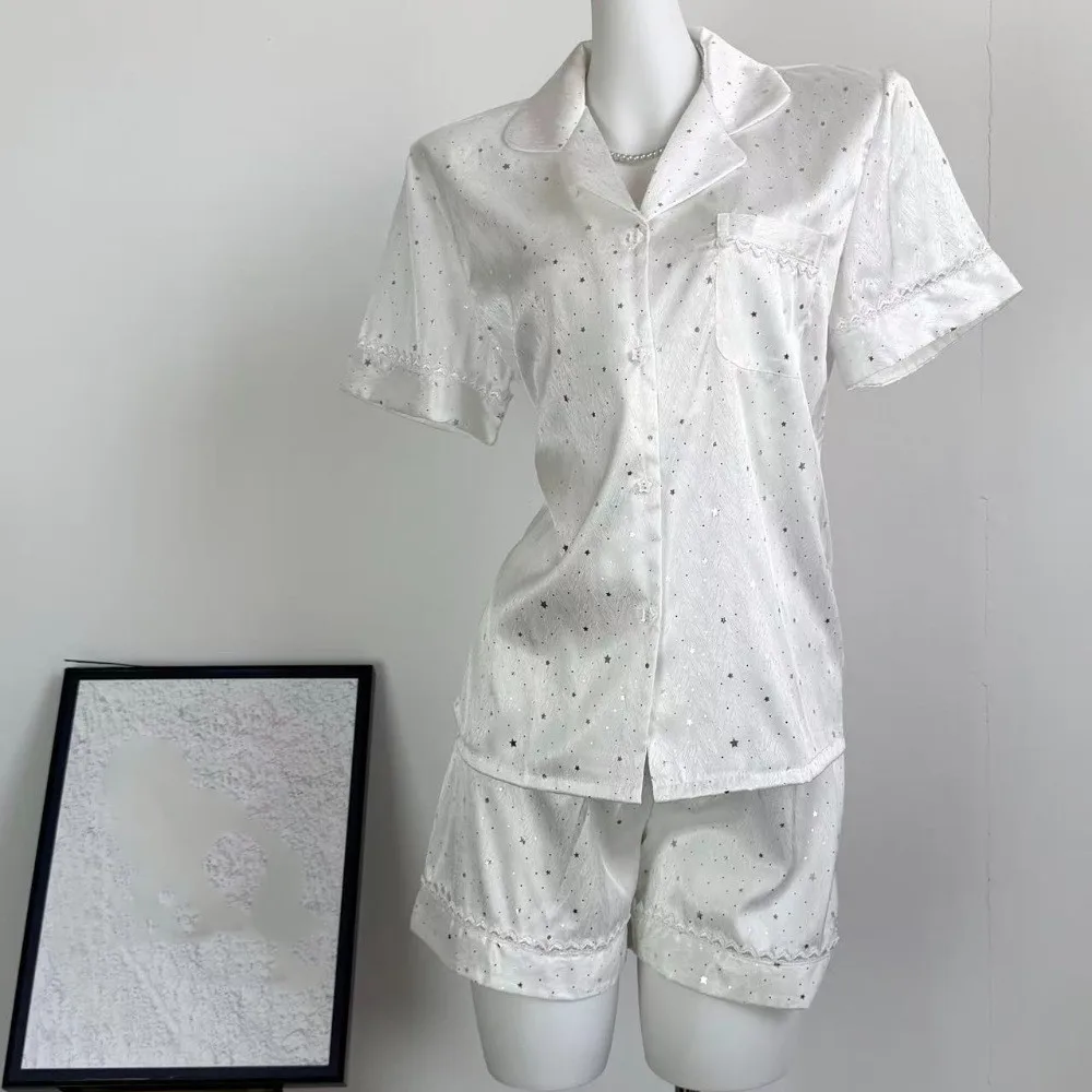 

Summer Star Applique Pajamas Set 2Pcs Short Sleeve Shirt Shorts Women Cute Satin Home Clothes Loungewear Nightwear