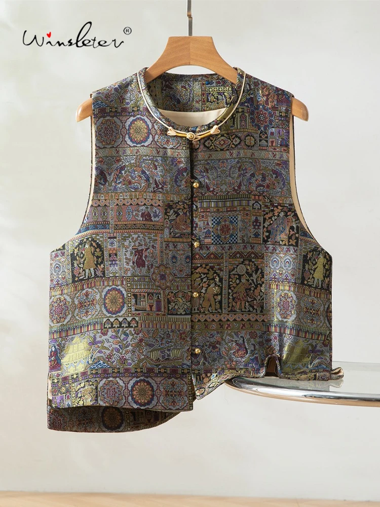 

Winsleter-100% Элегантный жилет из парчи из настоящего шелка Song, геометрия с круглым вырезом, женский универсальный жилет в стиле ретро, весна 2026 C61302CC