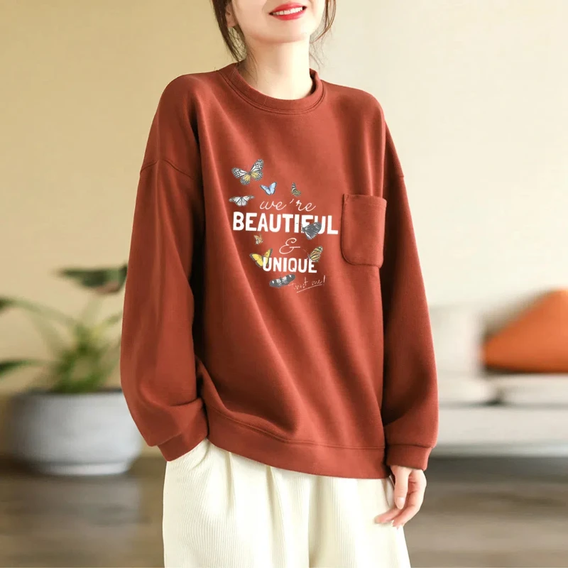 New Spring and Autumn Women\'s Solid Color O-Neck Long Sleeve Loose Printed Letter Korean Pullovers Classic Fashion Casual Tops