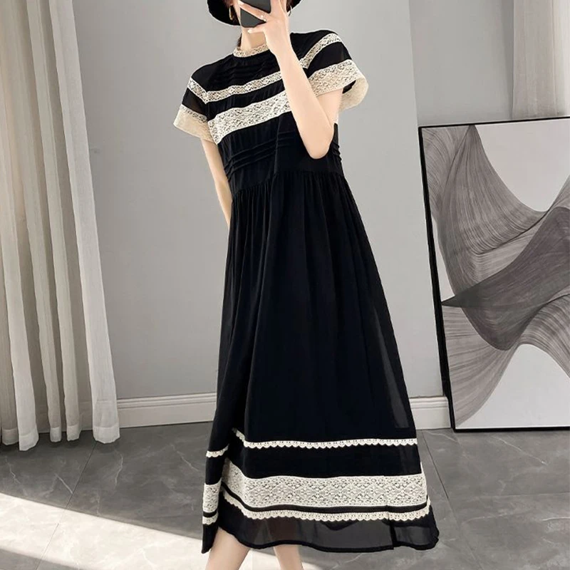 Summer New Lace Patchwork Loose Casual Robe Femme Short Sleeve Elegant Fashion A-line Vestidos Women Vintage Vestidos De Fiesta