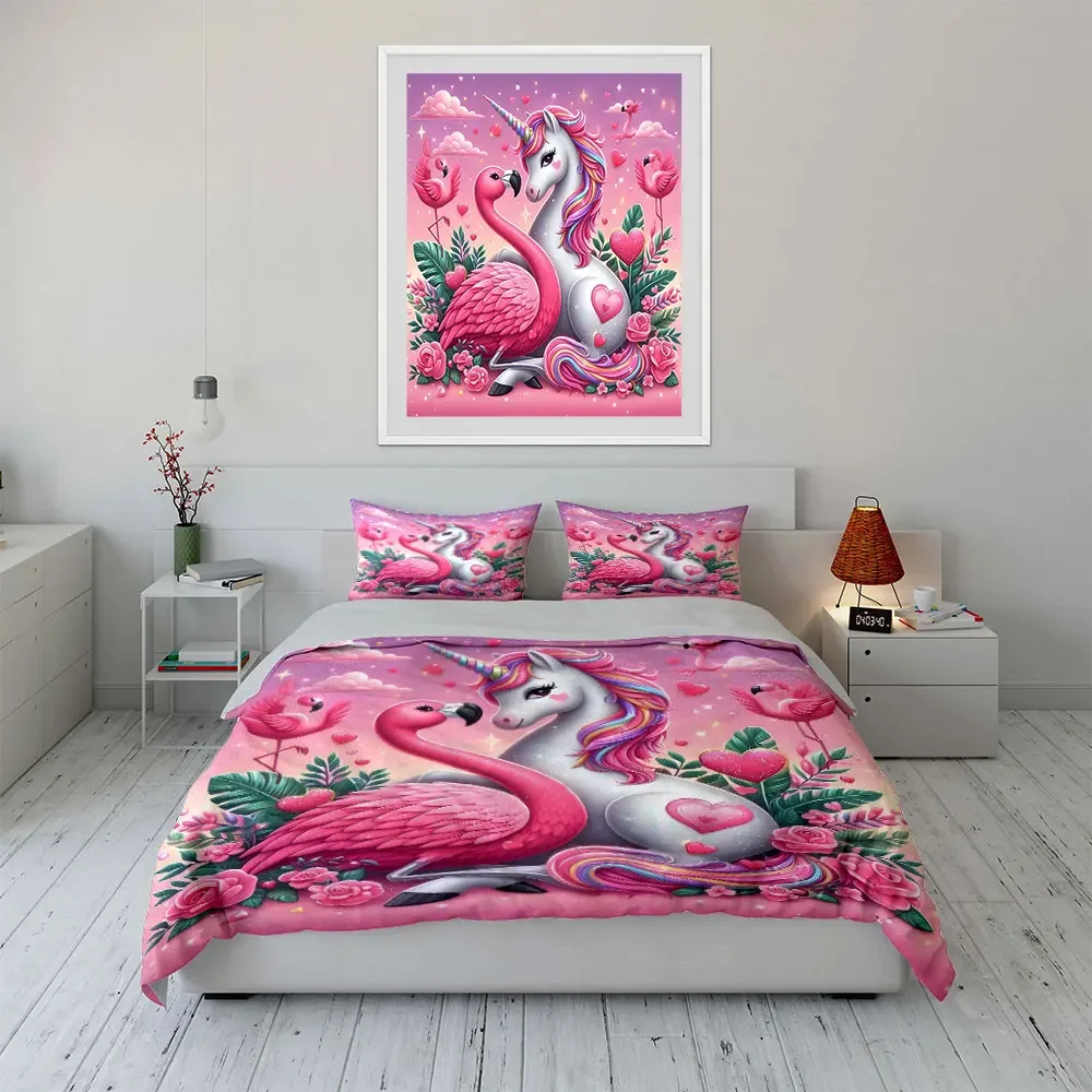 Unicorn Flamingo Romantic Decor Set Multiple sizes kid's and adults' bedroom Exquisite 3PC bedding set, gift
