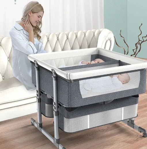 JXB Factory Outlet Double Crib Movable  Portable Easy Fold Twins Baby Bed With Large Storage Basket