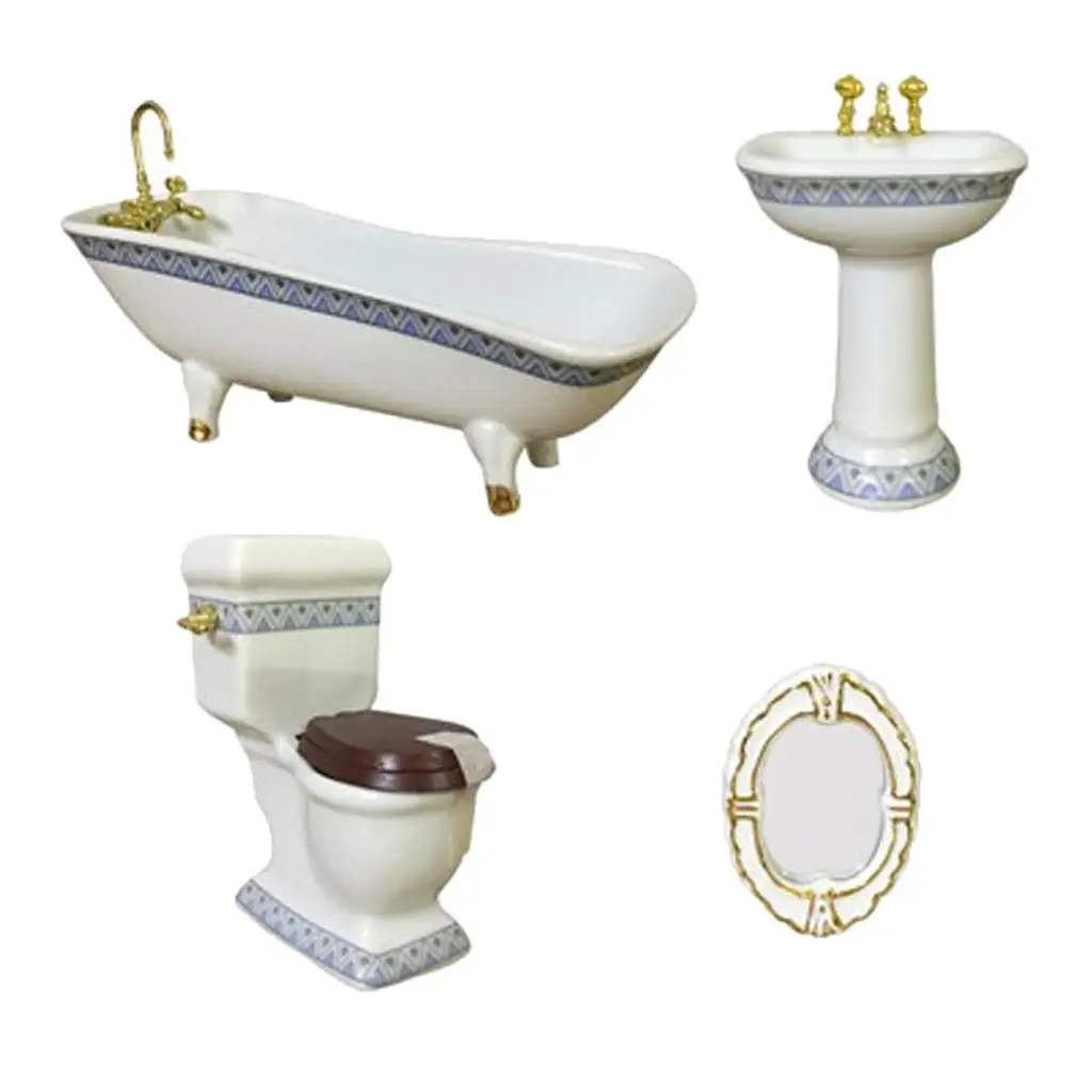 Ceramic Dollhouse Bathroom Furniture (4 pcs) - Bathtub, Sink, Toilet, Mirror - Doll House Furnishings Toy - 1:12 Scale