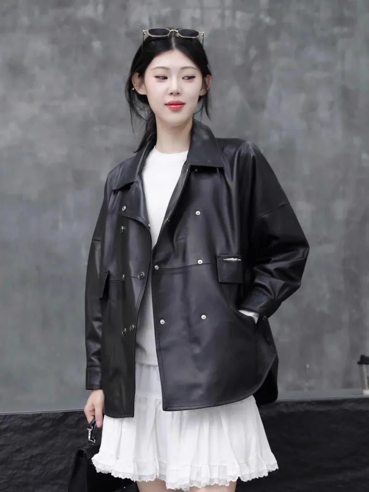 Veste en cuir véritable pour femmes, Double boutonnage, coupe ample, vêtements d'extérieur décontractés, mode peau de mouton, Streetwear, coupe-vent court
