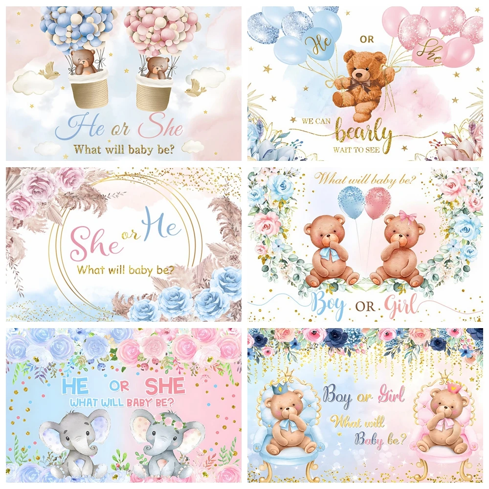 

Gender Reveal Boy Or Girl Backdrop Blue Pink Elephant Bear Balloon He Or She Newborn Baby Shower Photography Background Decor