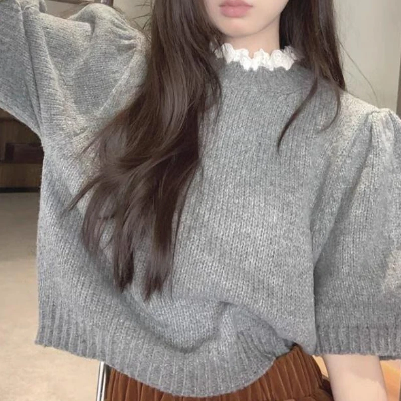 

Half-turtleneck Knitted Sweater with Unique Puff Sleeves, Pure and Appealing Top, Short-sleeve Inner Sweater