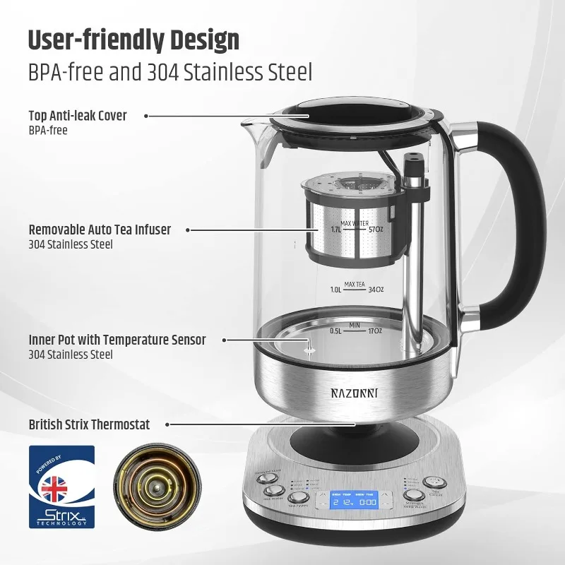 Razorri Electric Tea Maker 1.7L with Automatic Infuser for Tea Brewing, Stainless Steel Glass Kettle, Presets for 5 Tea Types