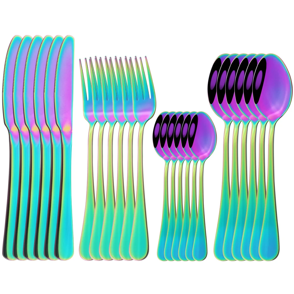 24Pcs Knife Fork Coffee Spoon Cutlery Set Colorful Dinnerware Set Mirror Stainless Steel Tableware Western Home Kitchen Flatware