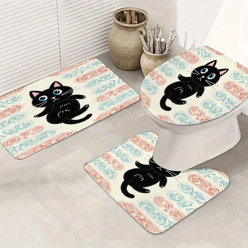 

Милый набор для ванной комнаты с черной кошкой, 3 предмета – мультяшный дизайн, накладка на крышку унитаза и контурный коврик, нескользящий фланелевый коврик для ванной