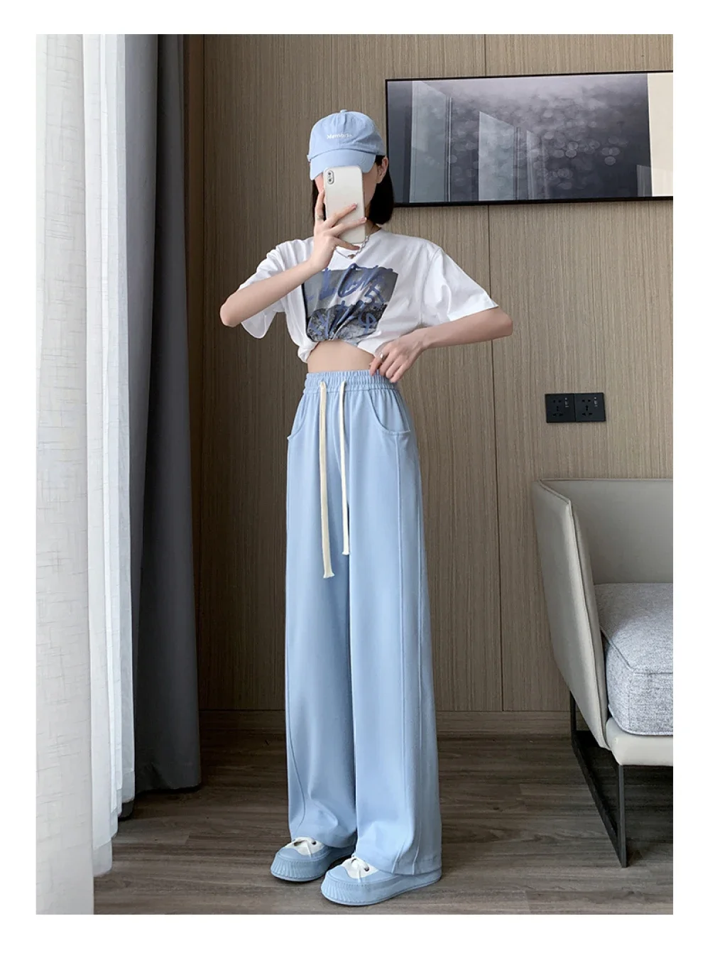 Blue Korean Fresh Drape Effect High Waist Trouser Fashion Female Summer Baggy Wide Leg Pants Street Classic Women Sweatpants Y2k