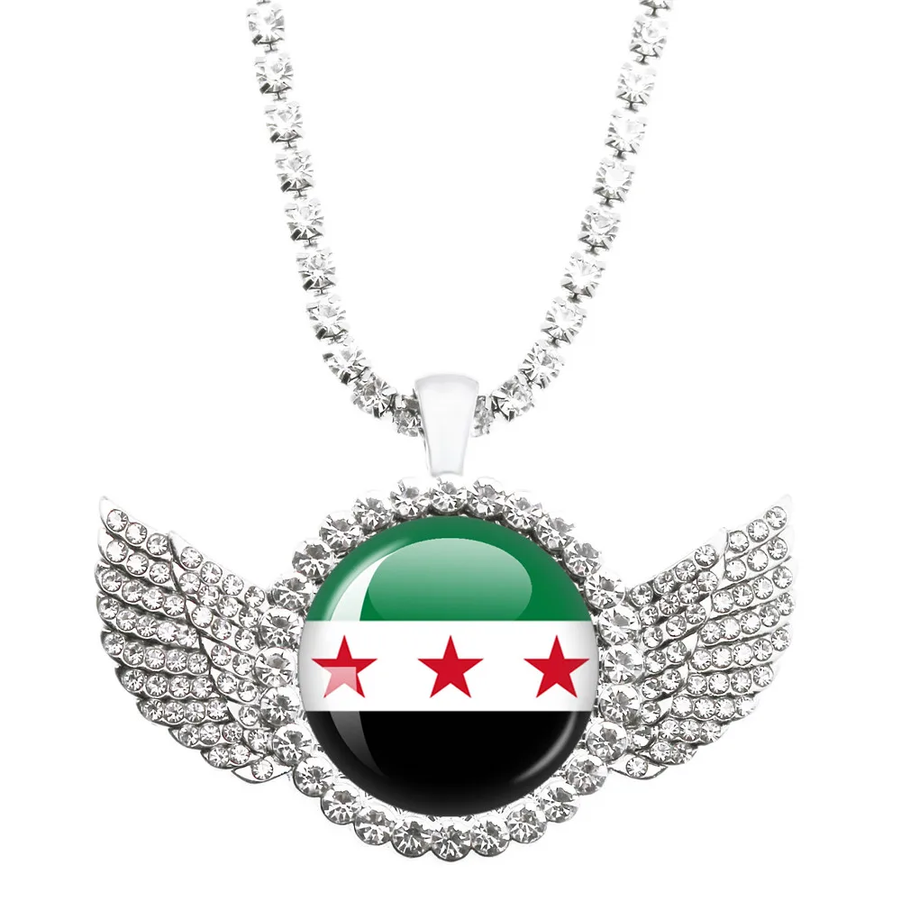 Syria National Flag Angel Wings Glass Cabochon Necklace Handmade Pendant Chains Necklace Creative Fashion Hip Hop Jewelry Gift