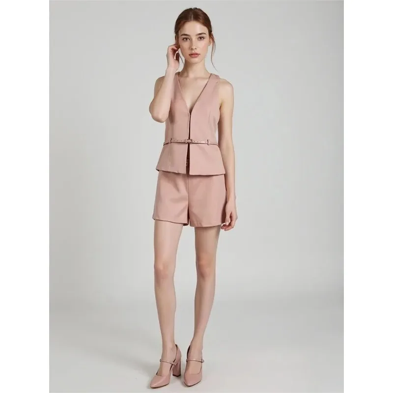 Women Elegant Solid Button Sleeveless Sleeveless Sashes Vest Blazer Straight Shorts Women's Office Lady Suit