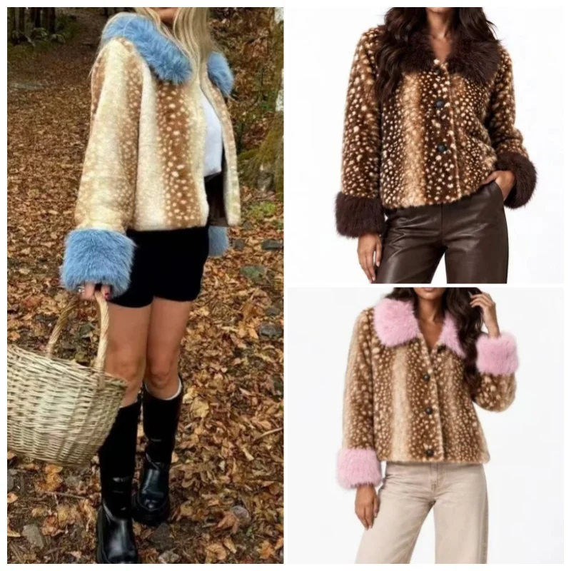 Guobioziy 2026 Women's New Spotted Deer Print Fur Collar Patchwork Coat Fashionable and Simple Casual and Versatile Elegant