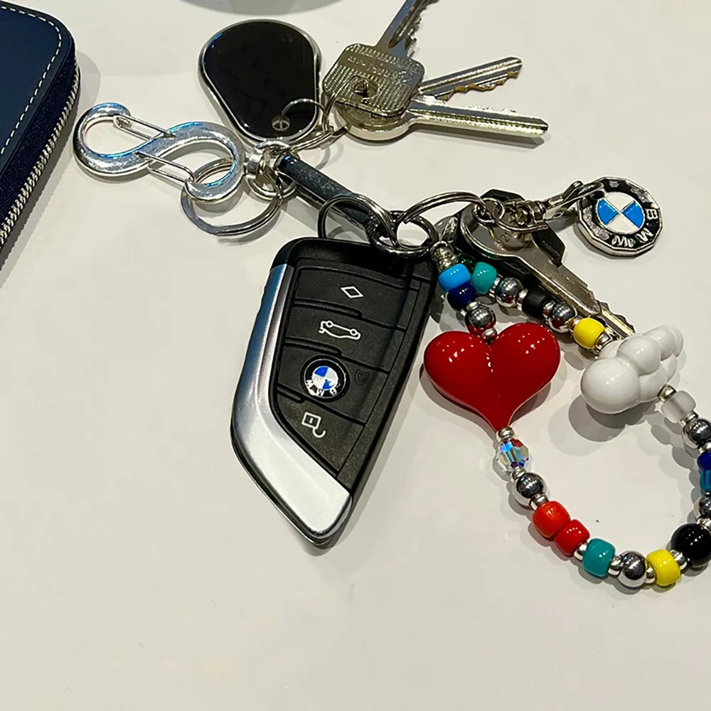 Bead Red Heart Keychain Y2K Cloud Colored Beads Key Chain Bag Phone Handmade Pendant For Women Girls Gift Korea Accessories