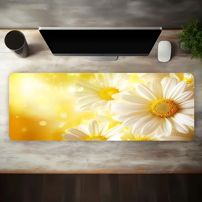 

Non-Slip Washable Rubber Base 1 Large Gaming Mouse Pad with Bright Yellow Background and Shimmering White Daisy Pattern